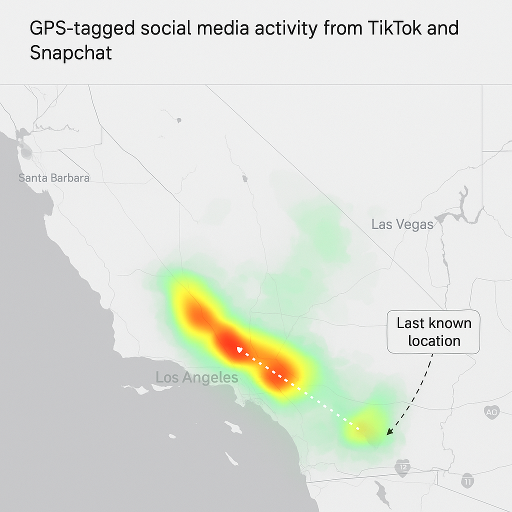 OSINT geolocation heatmap showing GPS-tagged social media activity from TikTok and Snapchat, used to trace movements in a missing persons case. Visual highlights last known locations of a missing teen based on video metadata and travel patterns.