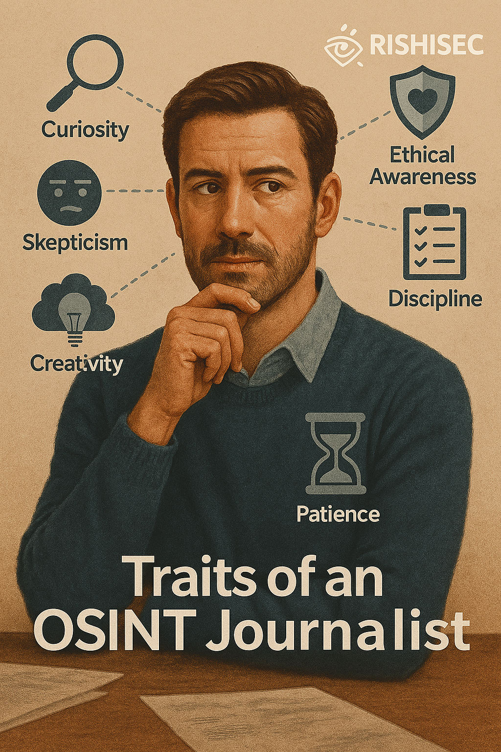  Illustrated guide showing six core traits of an investigative journalist using OSINT techniques