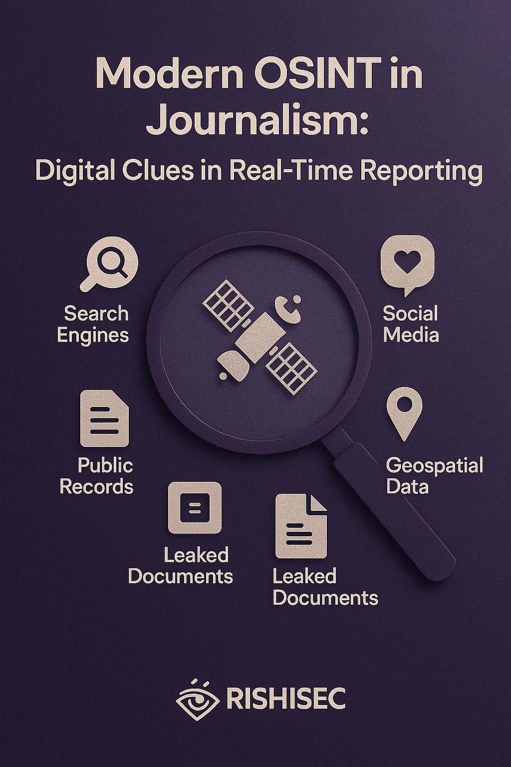 Infographic showing how journalists use OSINT sources social media, satellite imagery, leaked data to verify facts and investigate events