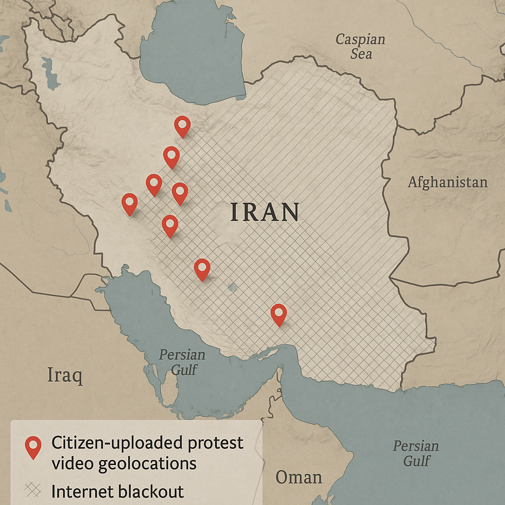 Map showing citizen-uploaded protest footage alongside internet blackout regions