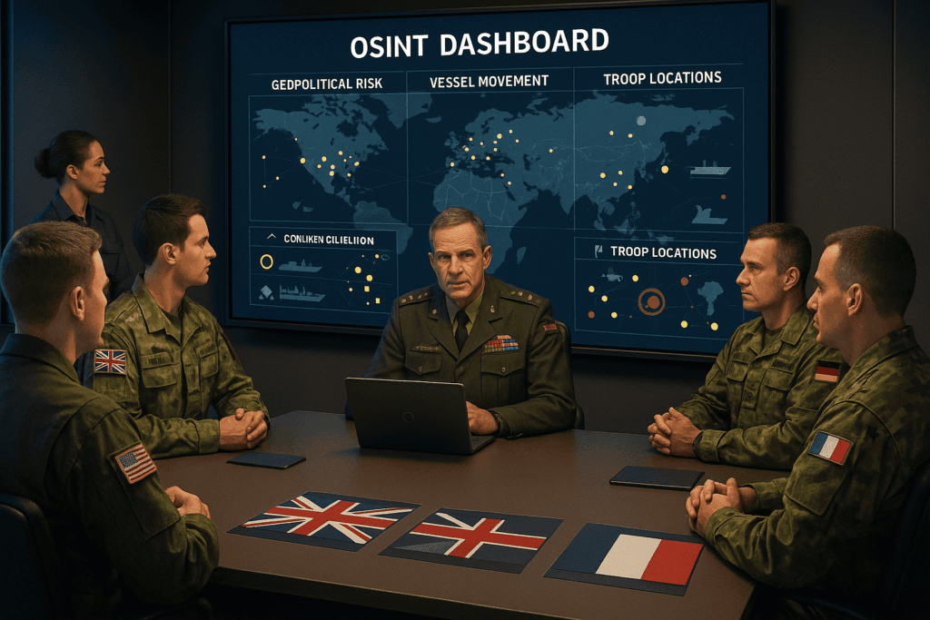 Military OSINT analysis in action — 3D-rendered image of armed forces monitoring satellite data, social media feeds, and threat intelligence dashboards to enhance battlefield awareness and cyber situational intelligence.