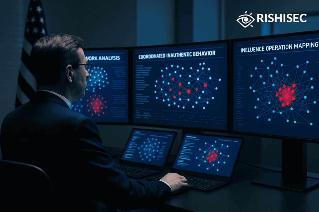 Government analyst in secure office reviewing social media manipulation patterns on large displays, with bot networks, coordinated inauthentic behavior, and influence operation mapping highlighted in red clusters. RishiSec logo visible, emphasizing election integrity and OSINT strategies