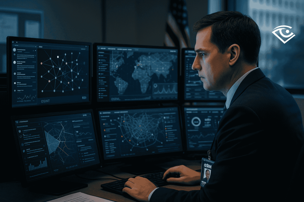 Government intelligence analyst at workstation reviewing OSINT strategies on multiple monitors, displaying social media feeds, geolocation maps, and link analysis graphs in a secure office. Visual emphasizes government intelligence OSINT strategies with professional, high-tech dashboards