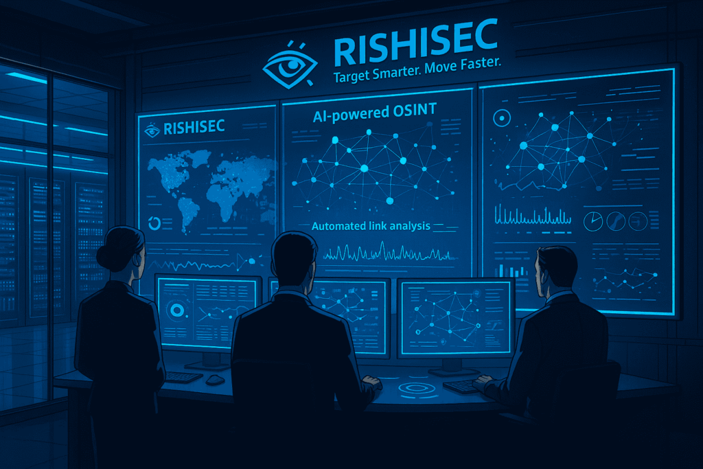Futuristic government intelligence facility with AI-powered OSINT systems, large wall displays of real-time threat intelligence and link analysis, business-suited personnel monitoring data, glass-walled server rooms, and the RishiSec logo highlighting government intelligence OSINT strategies