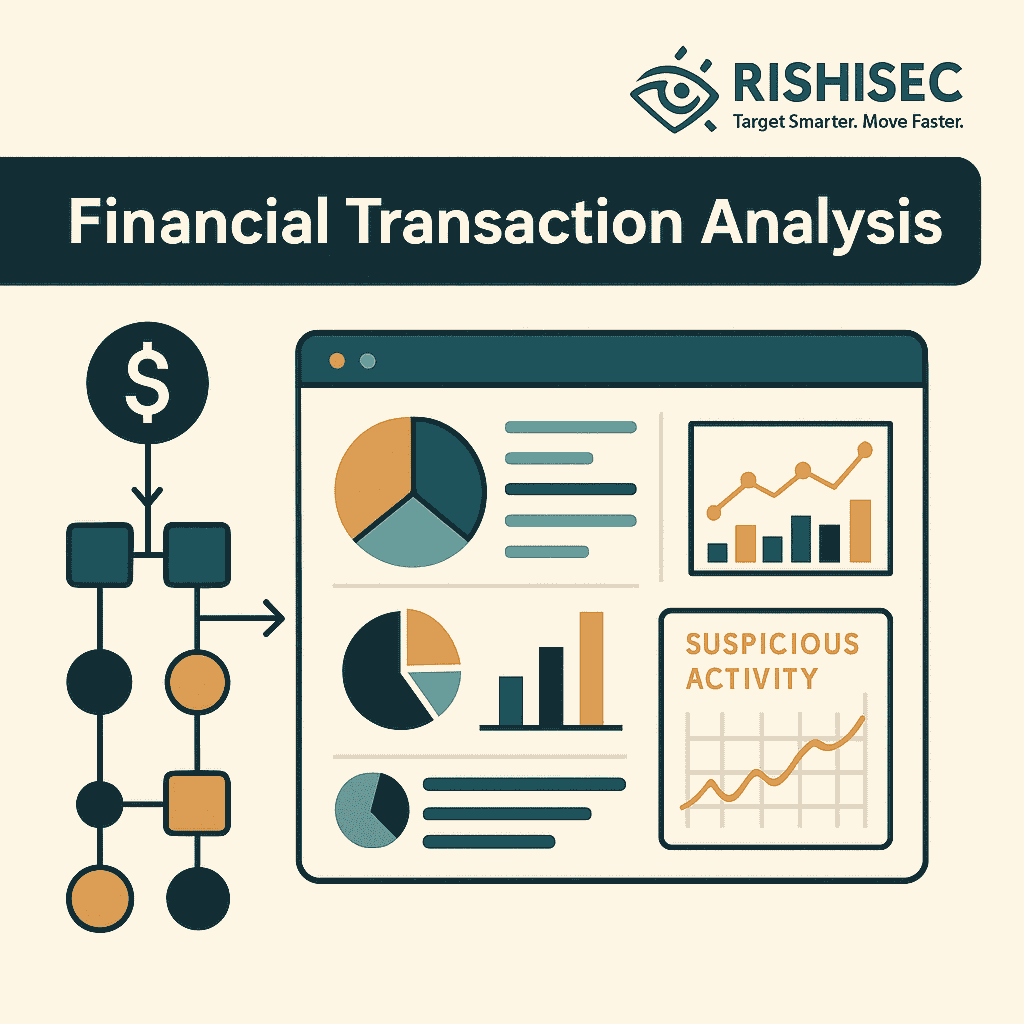 An infographic dashboard for insurance fraud detection. It shows financial transaction analysis with flowcharts of suspicious money transfers, pie charts dividing fraudulent vs legitimate transactions, bar charts showing spikes in fraudulent activity, and a line graph tracking anomalies. A “Suspicious Activity” alert is highlighted. The design uses navy, amber, and teal on a beige background, with the RishiSec logo at the top right corner