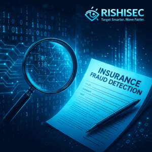 A digital split-screen illustration representing insurance fraud detection: on the left, a magnifying glass highlights glowing data patterns in cyan and electric blue, while on the right, traditional insurance documents transform into streams of digital code.
