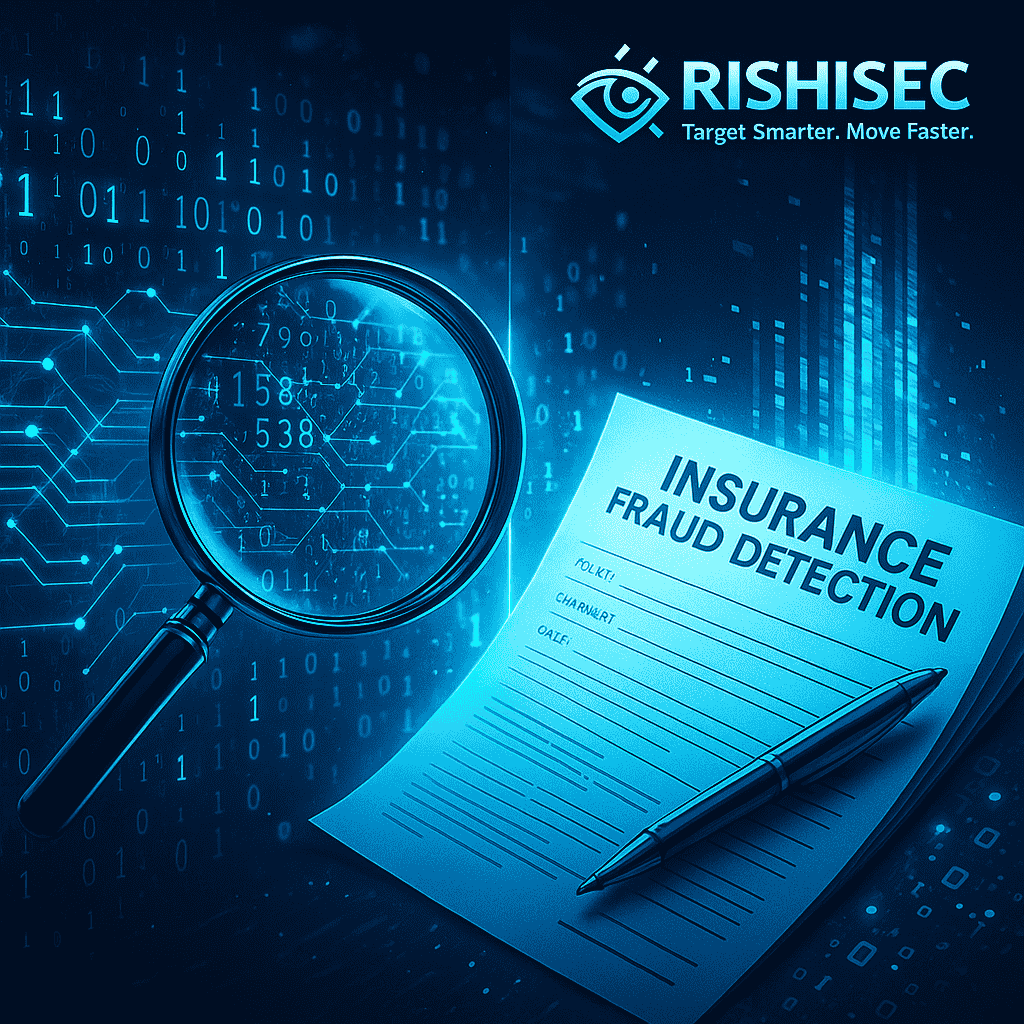 A digital split-screen illustration representing insurance fraud detection: on the left, a magnifying glass highlights glowing data patterns in cyan and electric blue, while on the right, traditional insurance documents transform into streams of digital code.