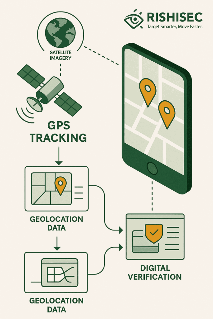 A clean technical infographic illustrating GPS tracking technology for insurance fraud detection. The design shows a smartphone displaying a map with amber location pins, connected to a satellite and satellite imagery. Flow diagrams show how geolocation data is collected and then verified through digital systems
