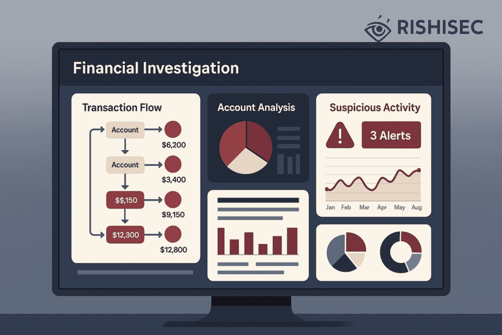 A clean, modern financial investigation dashboard for insurance fraud detection. The screen shows transaction flow diagrams, account analysis pie charts, suspicious activity alerts, bar graphs, and trend lines in navy, burgundy, and warm gray tones.