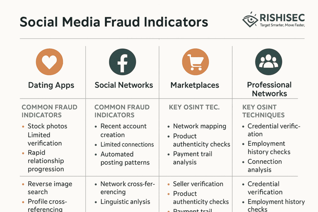 An infographic titled “Social Media Fraud Indicators” for insurance fraud detection. It compares Dating Apps, Social Networks, Marketplaces, and Professional Networks, listing common fraud indicators such as stock photos, rapid relationship progression, recent account creation, fake seller history, and inflated credentials. It also shows OSINT techniques like reverse image search, network mapping, and credential verification