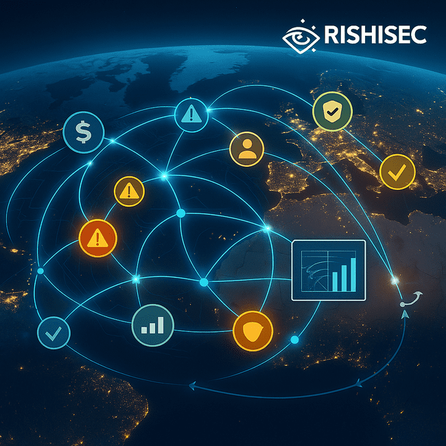 A global network visualization showing defense contractors, suppliers, and facilities connected across continents, overlaid with threat indicators and security monitoring points.