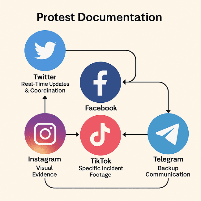 Ecosystem diagram of social media platforms used in protest documentation, showing roles of Twitter, Instagram, Facebook, Telegram, and TikTok in OSINT workflows