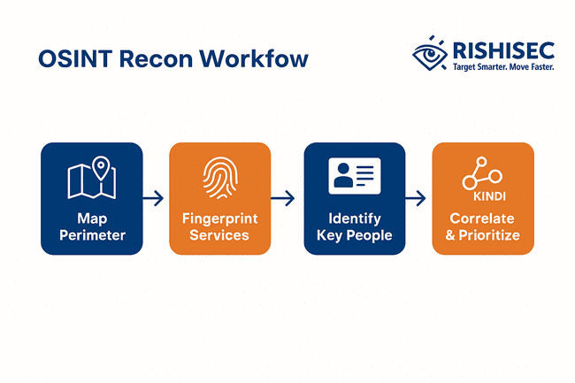 Flow diagram of red team OSINT recon workflow from asset mapping to prioritization
