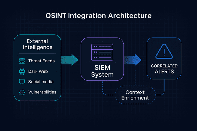 Flowchart infographic titled ‘OSINT Integration Architecture’ showing how external OSINT feeds flow through processing and correlation layers into SIEM systems, enhancing alert context for SOC teams