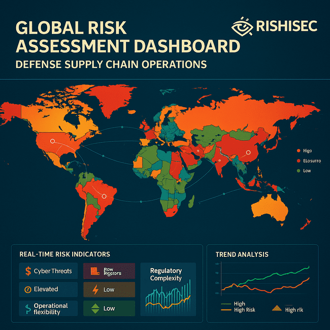"Global defense supply chain risk dashboard showing real-time cyber threats, political instability zones, regulatory pressure points, and supplier locations on an interactive world map.