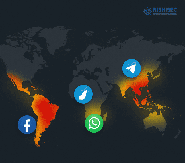Global heatmap of forced labor hotspots highlighting Southeast Asia, West Africa, and Latin America, with icons for Facebook, Telegram, WhatsApp, and job boards indicating digital platforms used in human trafficking operations