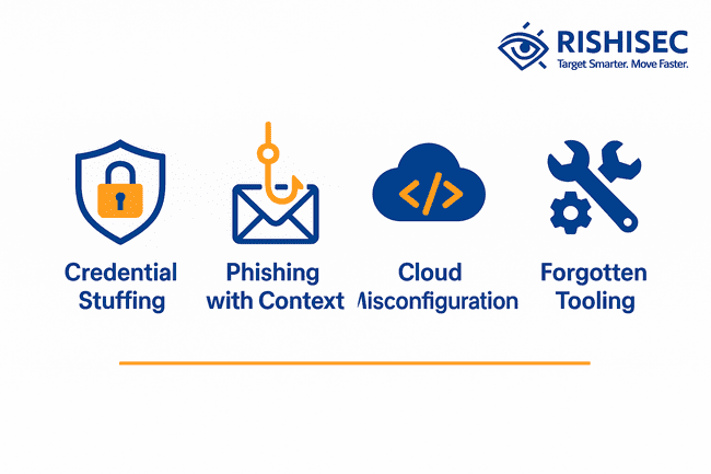 infographic of four red team OSINT exploitation methods including credential stuffing, phishing, cloud misconfiguration, and forgotten tooling
