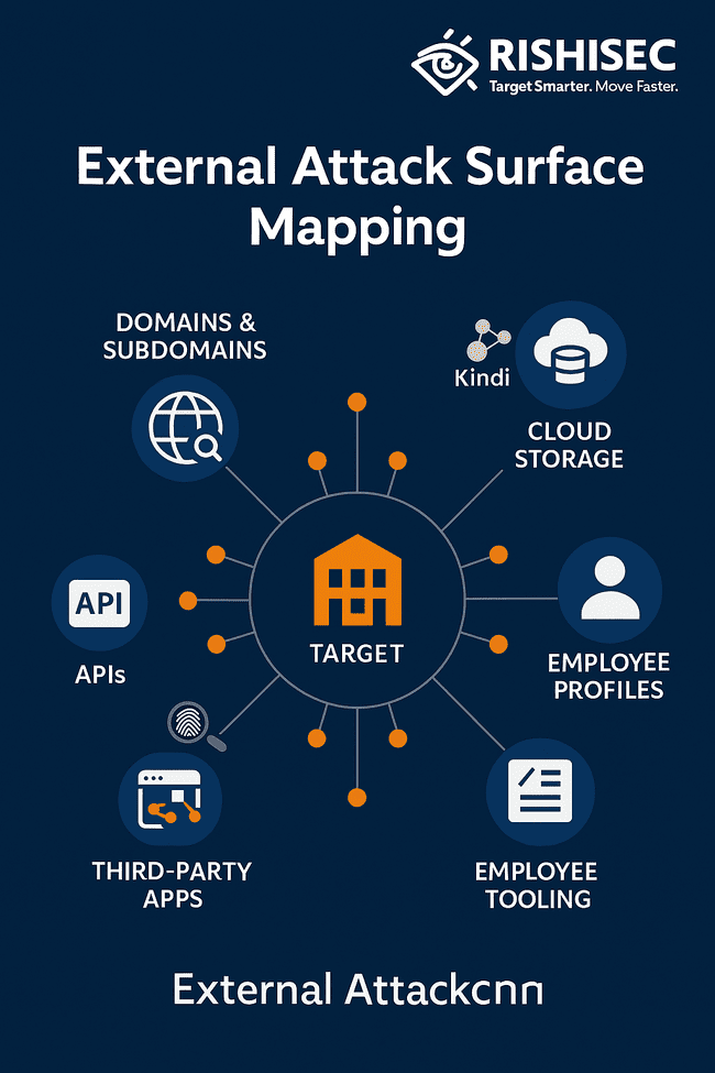 Infographic showing external attack surface mapping for red team OSINT with domains, APIs, cloud storage, and employee profiles