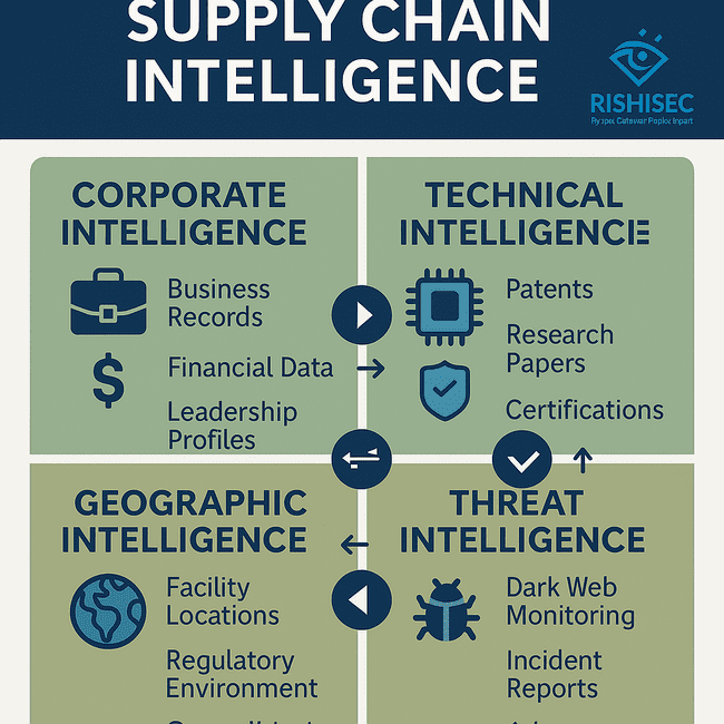 Infographic showing four key supply chain intelligence sources for defense contractors: corporate, technical, geographic, and threat intelligence, with data sources and collection methods