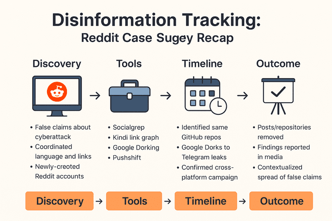 Infographic titled ‘Disinformation Investigation Recap’ summarizing a Reddit OSINT case study that maps user behavior, cross-platform links to GitHub and Telegram, tools used, timeline analysis, and investigation outcome