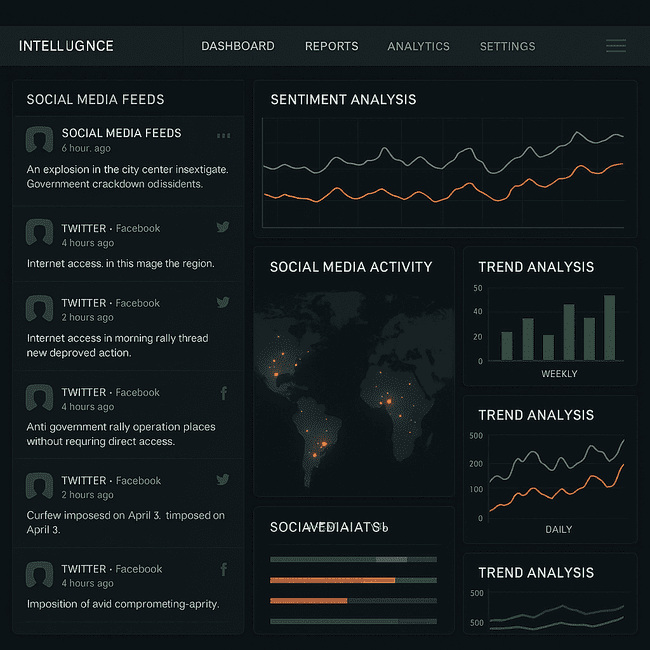 Military-grade SOCMINT dashboard interface displaying real-time social media feeds, sentiment analysis graphs, heat maps, and threat trend charts for open-source intelligence operations