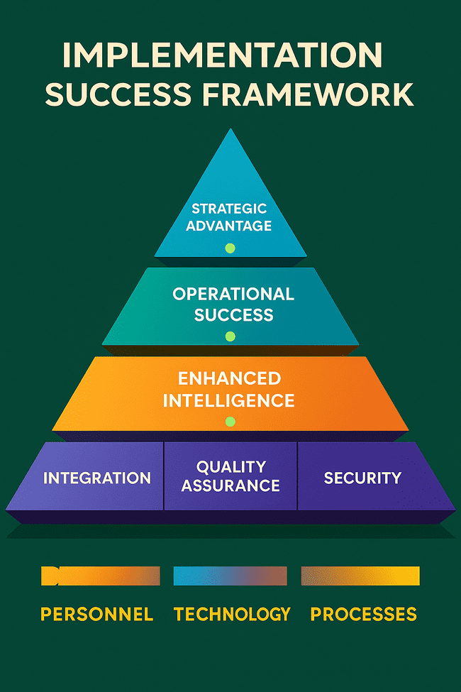 mplementation Success Framework" for military OSINT programs. The base layer includes Personnel, Technology, and Processes; the middle tier features Integration, Quality Assurance, and Security; and the top tier highlights outcomes such as Enhanced Intelligence, Operational Success, and Strategic Advantage. 
