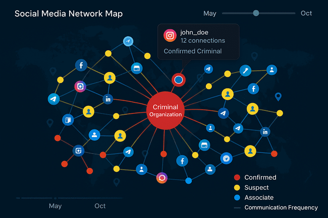 OSINT social media network map showing connections between criminal actors across platforms like Instagram, Telegram, and Facebook, with color-coded nodes and communication frequency lines 