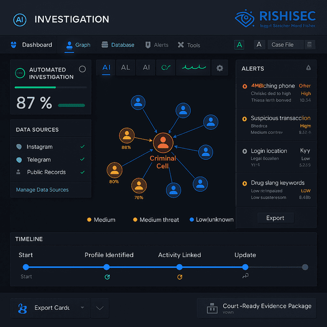 Realistic OSINT dashboard mockup by RishiSec displaying a central link graph of criminal connections, real-time alerts, investigation progress, and data feeds from Instagram, Telegram, and public records