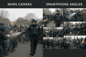 Split-screen comparison of a protest scene showing traditional news camera angle versus multiple smartphone perspectives capturing the same police action during civil unrest