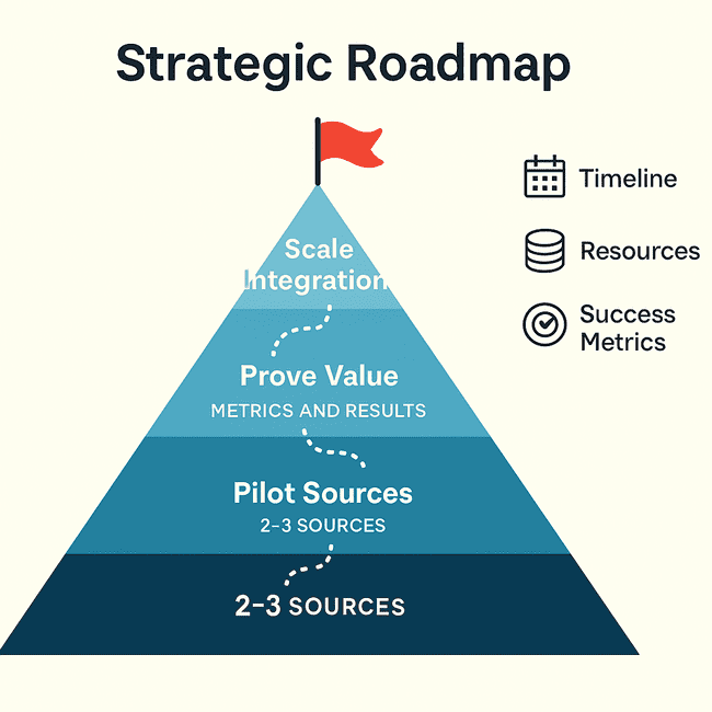 Strategic roadmap infographic showing a three-level pyramid for OSINT-TIP integration: Pilot Sources at the base, Prove Value in the middle with metrics and KPIs, and Scale Integration at the top representing a full OSINT program with timeline and resource indicators