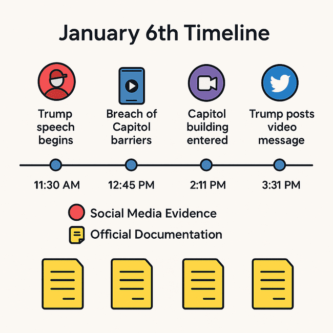 Timeline infographic illustrating key events of January 6th Capitol attack, including Trump’s speech, Capitol breach, building entry, and social media response, with icons marking social media evidence and official documentation points