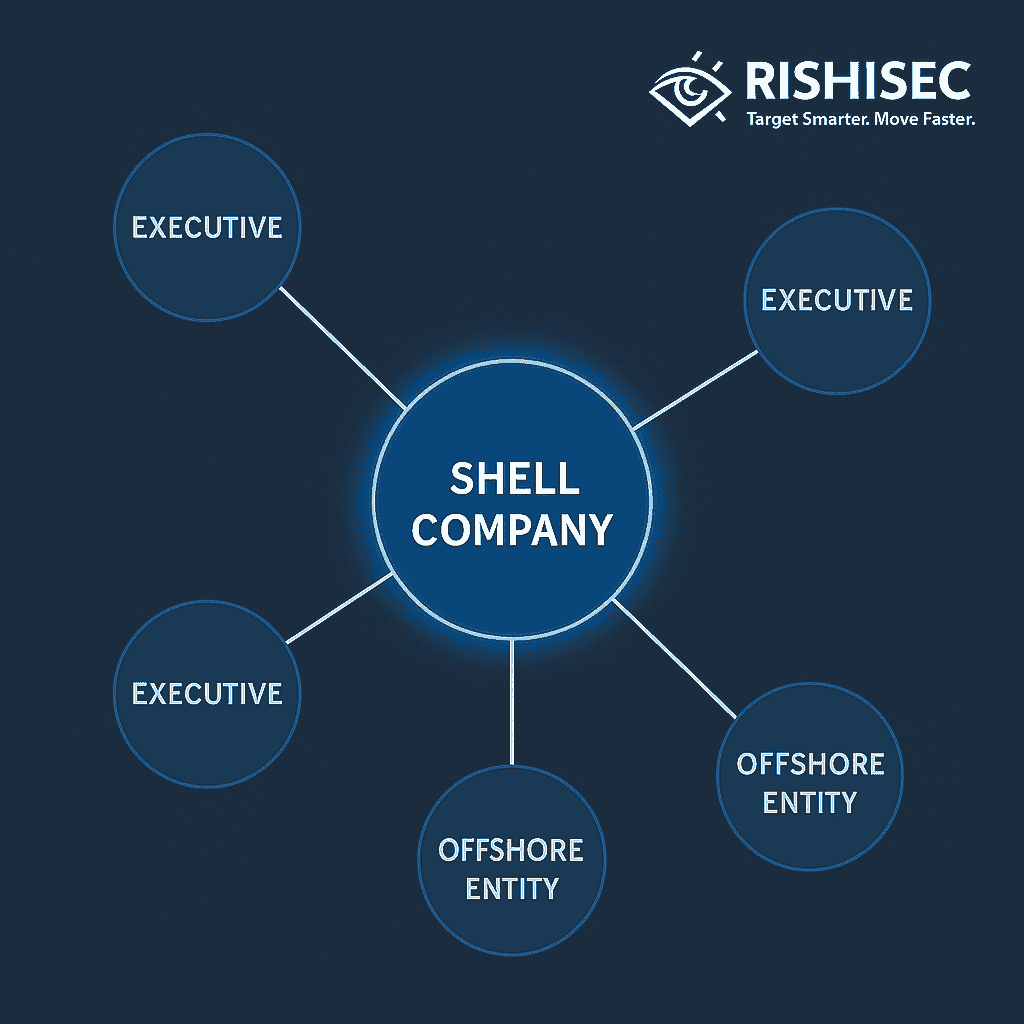 Link analysis graph visualization connecting shell companies, executives, and offshore entities.