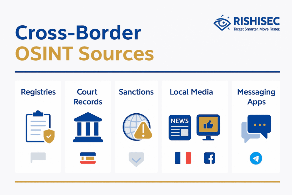 Infographic of cross-border OSINT sources for investigations, covering registries, court records, sanctions, local media, and social platforms