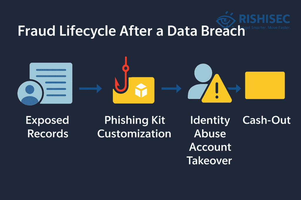 Infographic showing the fraud lifecycle after a data breach with four stages: exposed records, phishing kit customization, identity abuse and account takeover, and cash-out. Professional enterprise style