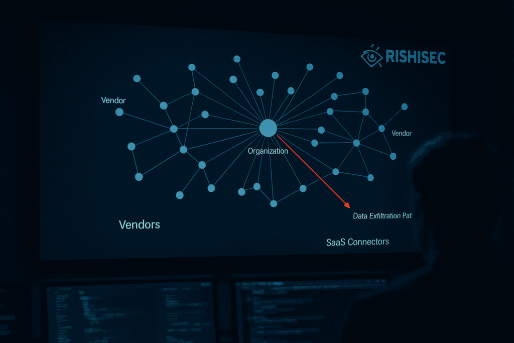 Cybersecurity operations room with a wall display mapping vendor and SaaS connections, highlighting a data exfiltration path