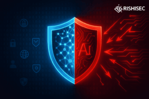 AI in Cybersecurity illustration showing a digital shield with neural network patterns defending against red adversarial AI attack vectors, with binary code background and cybersecurity icons.