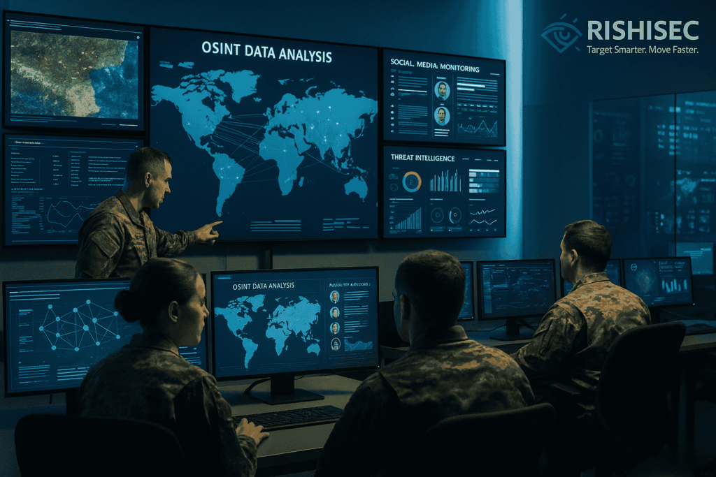 Modern military command center with personnel in uniform analyzing OSINT data, satellite imagery, social media monitoring, and threat intelligence dashboards on multiple large screens