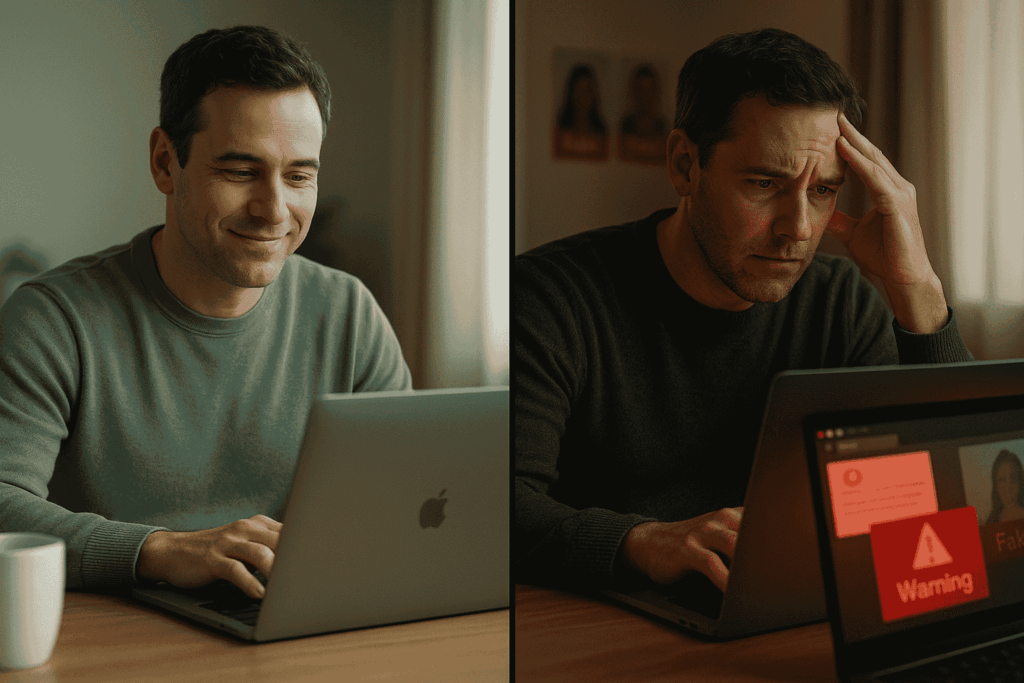 Split-screen illustration contrasting safe online practices with security checkmarks and shields against dangerous online activities marked with warning symbols and red X marks