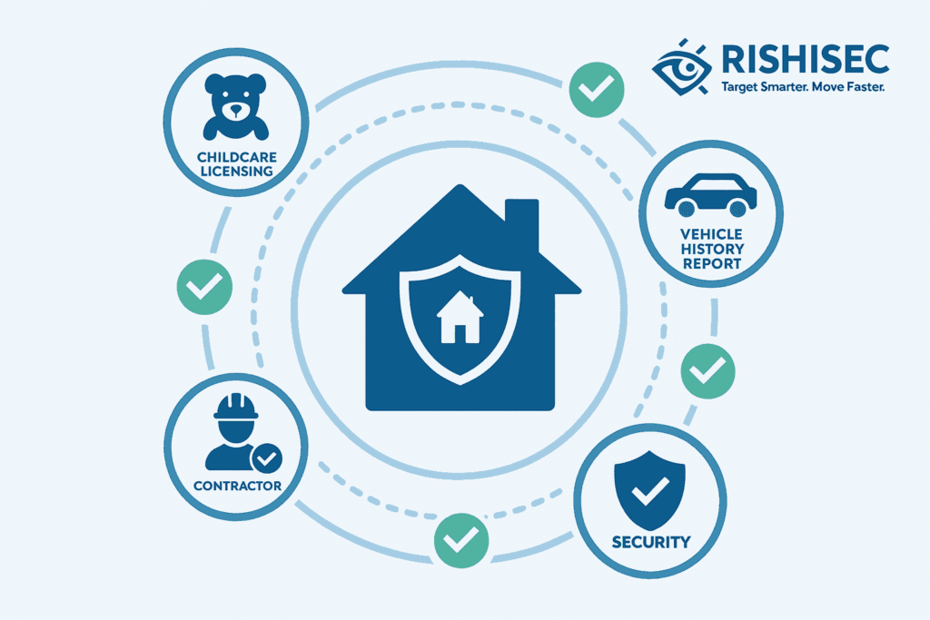 Professional infographic displaying concentric circles of family protection layers including childcare licensing icons, vehicle history reports, contractor credentials, and home security elements around central house symbol