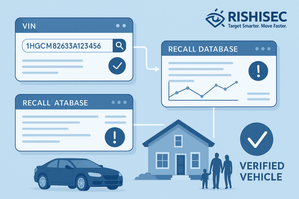 Vehicle verification workflow diagram showing VIN number lookup process, recall database search interface, and inspection history review with automotive dashboard and verification status indicators