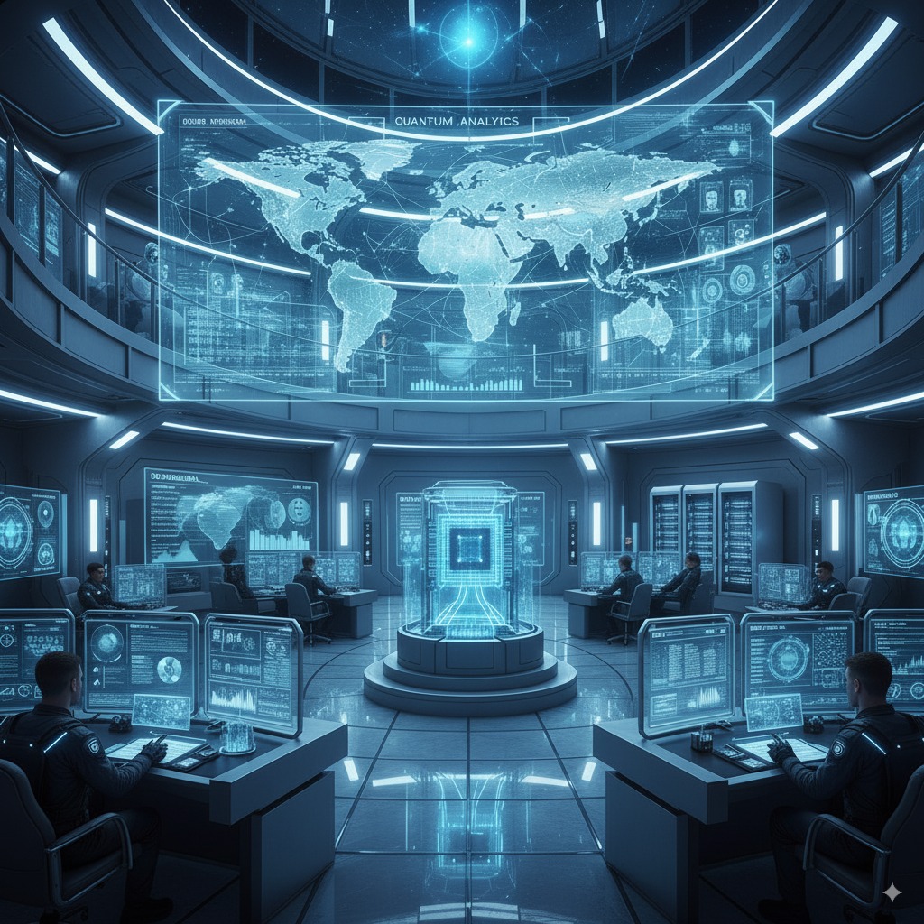 Futuristic military OSINT command center with AI-powered analytics and quantum computing interfaces for defense contractors