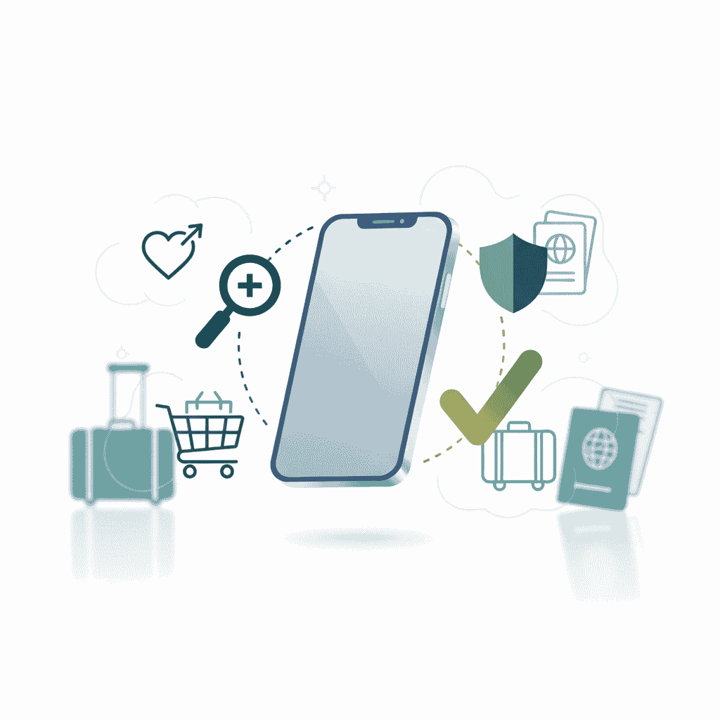 Modern smartphone displaying OSINT verification tools with floating security symbols including magnifying glass, shield, and checkmark icons, surrounded by dating app, shopping cart, and travel luggage icons representing everyday safety applications