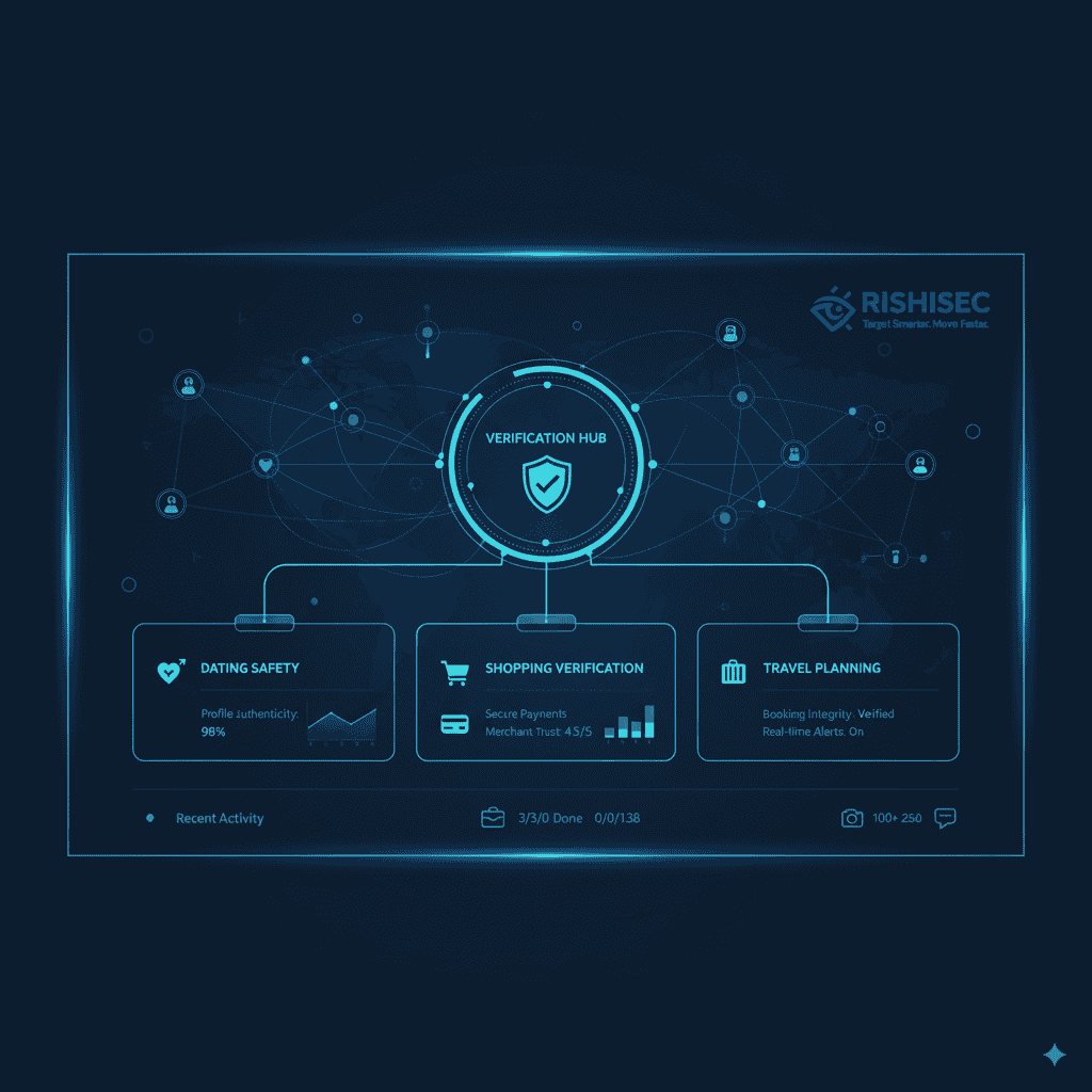 Clean dashboard interface displaying connected data visualization with verification results, featuring network analysis elements and icons for dating safety, shopping verification, and travel planning