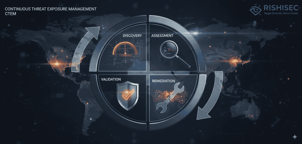 CTEM cycle infographic showing four phases: discovery assessment validation remediation in continuous threat exposure management