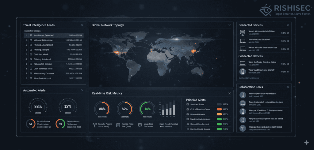Cybersecurity platform dashboard with threat intelligence feeds network topology and automated CTEM alerts