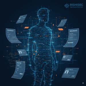 Synthetic identity fraud insurance detection visualization showing digital silhouette with fake documents and data streams