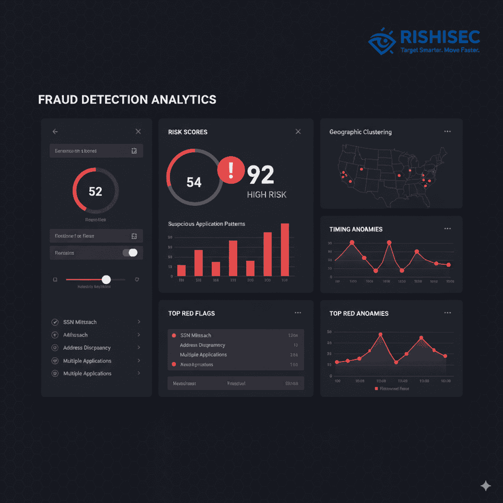 Insurance fraud detection dashboard displaying synthetic identity red flags and suspicious application patterns for fraud investigators