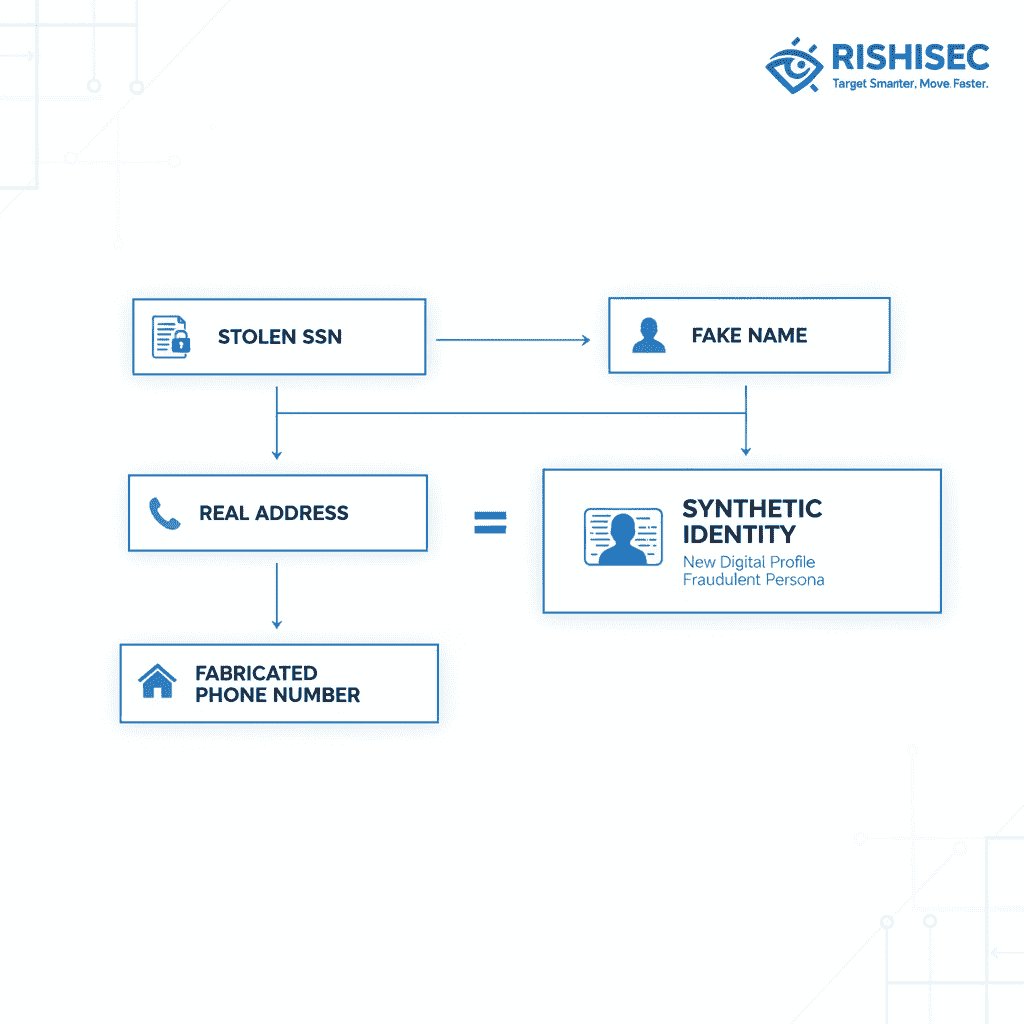 Synthetic identity fraud construction process infographic showing how fraudsters combine stolen SSN with fake personal data for insurance fraud
